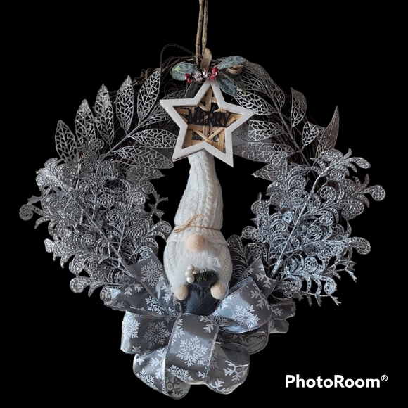Silvery Holiday Christmas Wreath Door Hanger with Cute Gnome and Ribbon - Picture 3 of 4